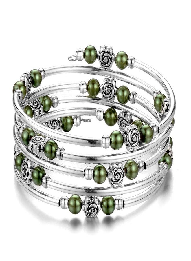 BULINLIN Wrap Bangle Rose Bead Bracelet - Beaded Bracelet with Natural Agate Stone Gifts For Women(01-Olive green pearl) - Image 1